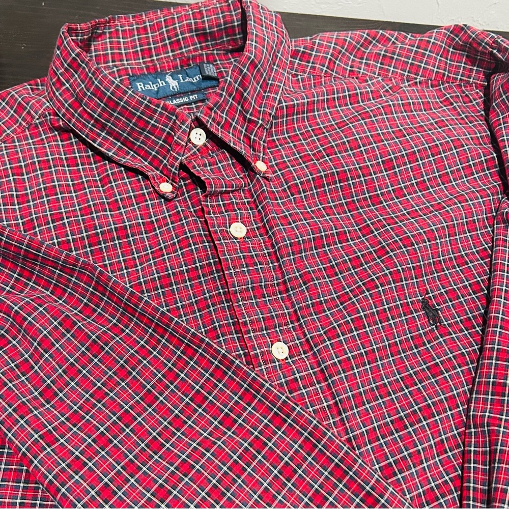 Ralph Lauren Men's Red and Blue Plaid Shirt